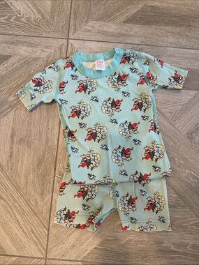 Hanna Andersson Light Blue Kids Pajama Set with Red and Black Superhero Print